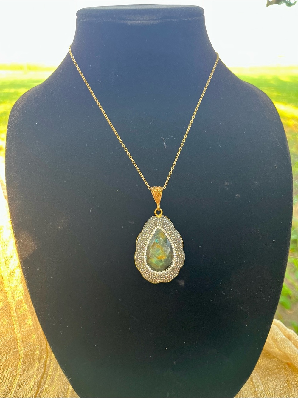 Gold Teardrop Opal Halo Pendant Necklace - Green Opal Accent